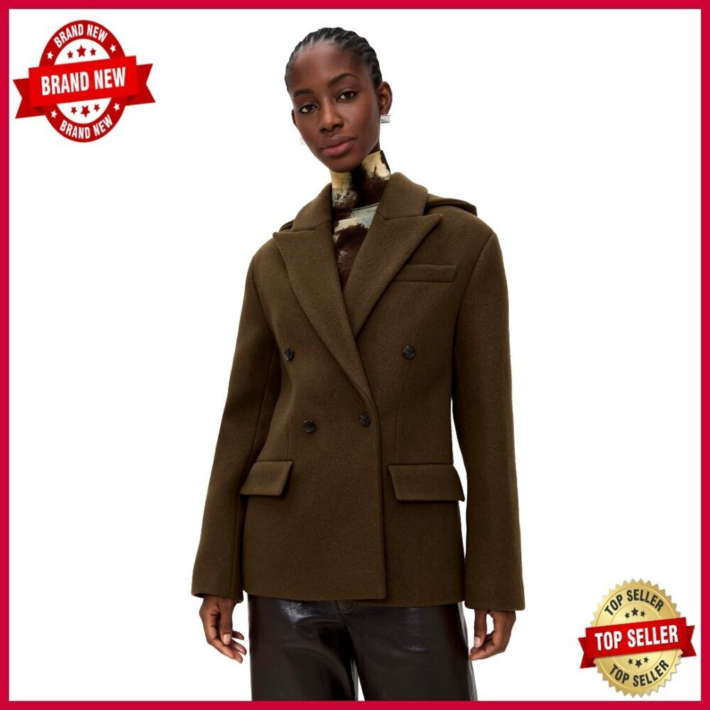 Wool Blend Blazer with Hood, Double-Breasted, Dry Clean Only